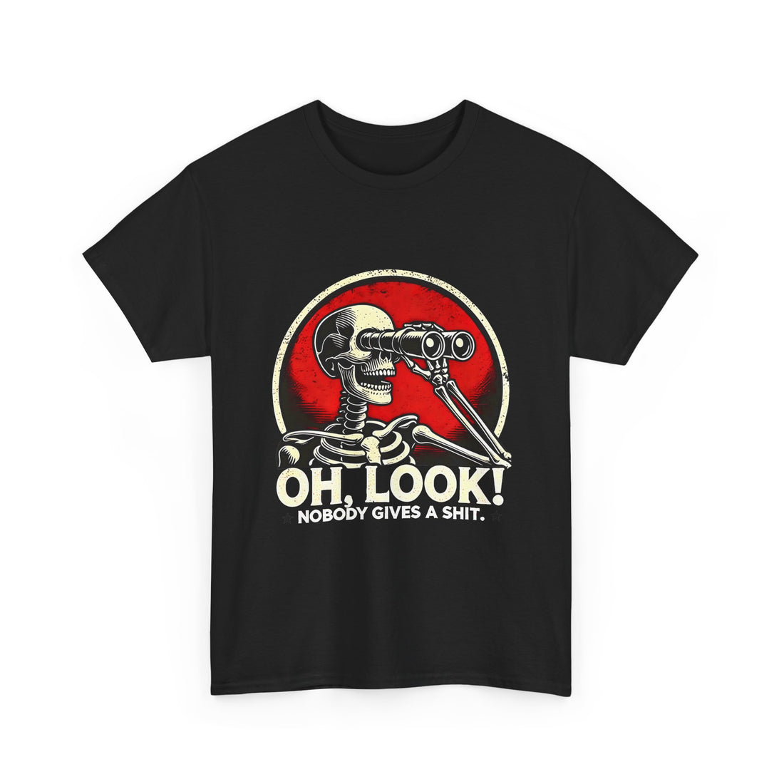 Oh, Look! Skeleton Binoculars T-Shirt — "Nobody Gives a Shit" Vintage Graphic Tee