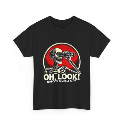 Oh, Look! Skeleton Binoculars T-Shirt — "Nobody Gives a Shit" Vintage Graphic Tee