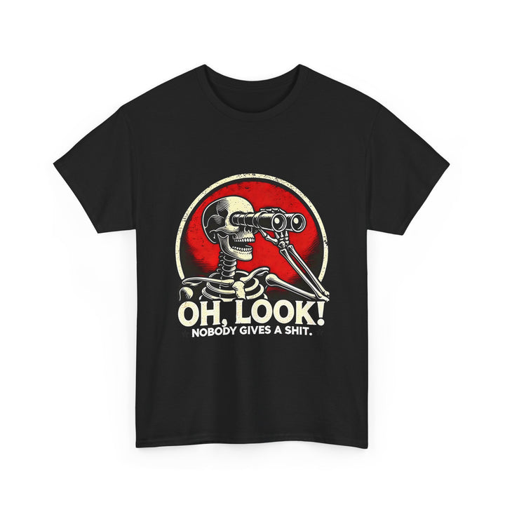 Oh, Look! Skeleton Binoculars T-Shirt — "Nobody Gives a Shit" Vintage Graphic Tee