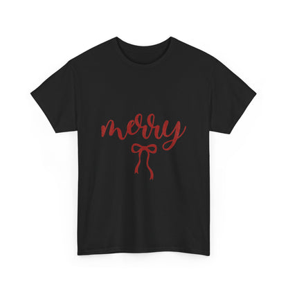 Merry Script Tee — Red Bow Christmas Holiday T‑Shirt