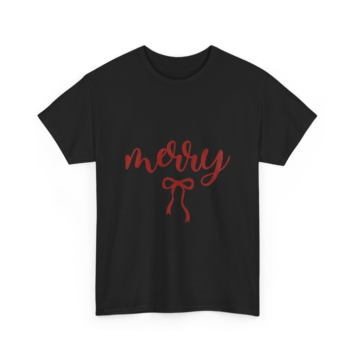 Merry Script Tee — Red Bow Christmas Holiday T‑Shirt