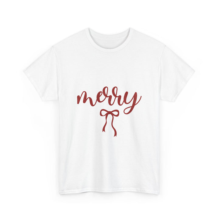 Merry Script Tee — Red Bow Christmas Holiday T‑Shirt